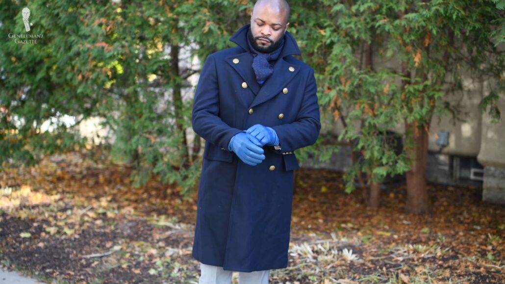 Kyle in his navy overcoat matched with Fort Belvedere accessories