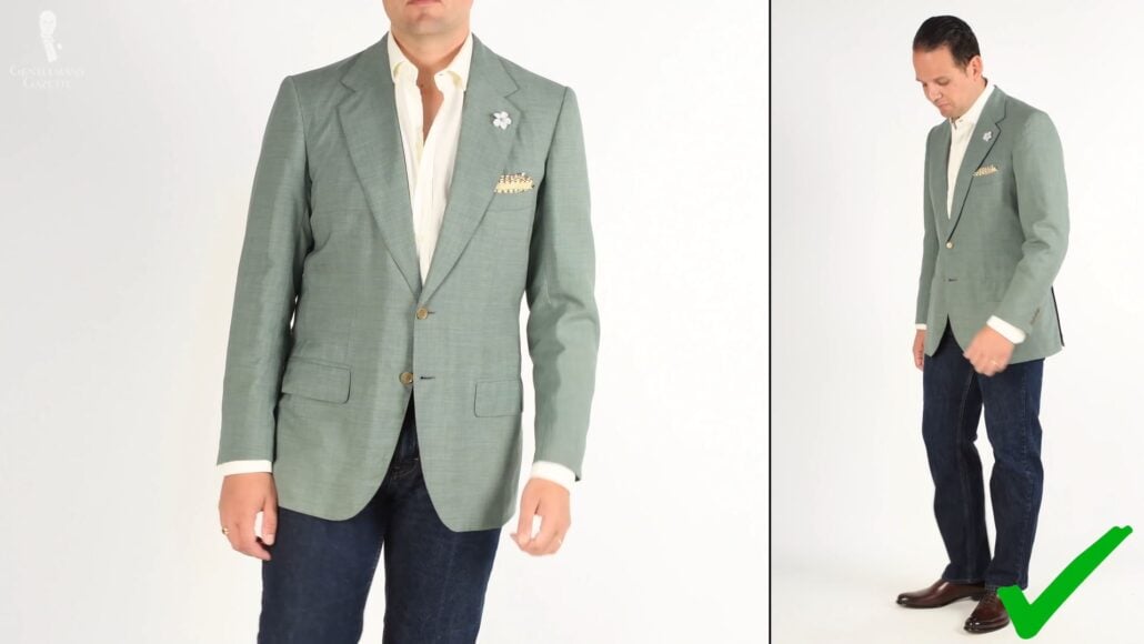 Raphael in a business casual outfit featuring a dress shirt, sport coat, jeans, dress shoes, and Fort Belvedere accessories