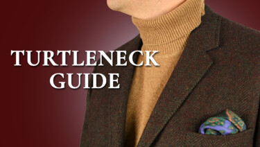 Raphael in a beige turtleneck sweater, worn under a herringbone jacket og green and red tones; text reads, "Turtleneck Guide"