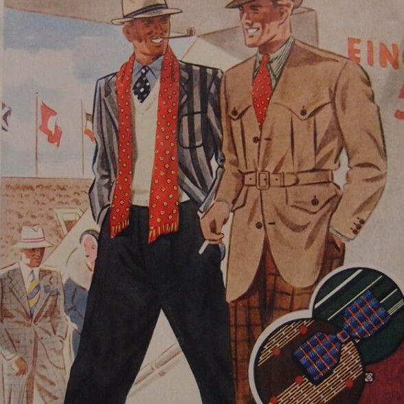 An illustration of two men in fall clothing, one wearing a scarf