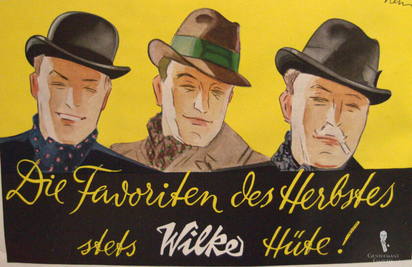 An illustrated vintage ad featuring three men in hats and scarves