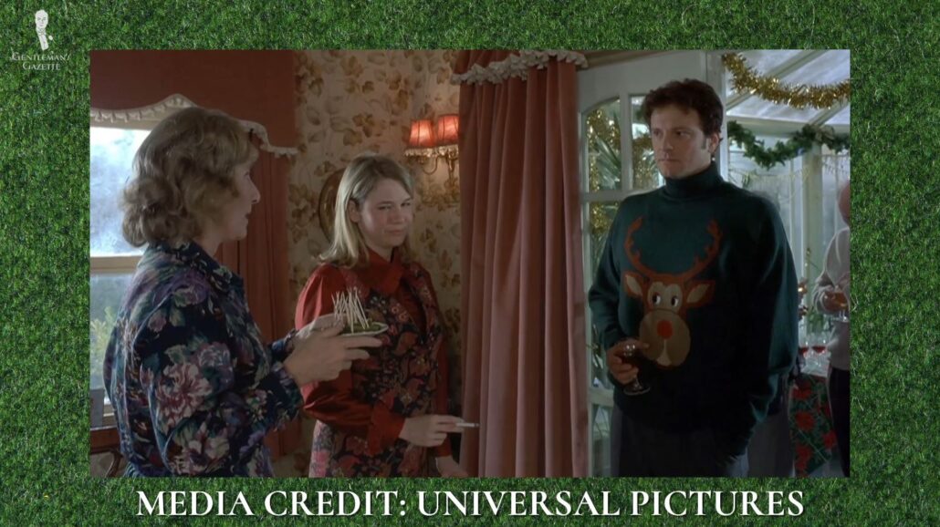 A Christmas sweater on Colin Firth as Mark Darcy in the movie Bridget Jones's Diary (2001) [Image Credit: Universal Pictures]