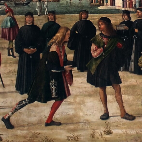 A photograph of a painting of Renaissance men wearing colorful stockings