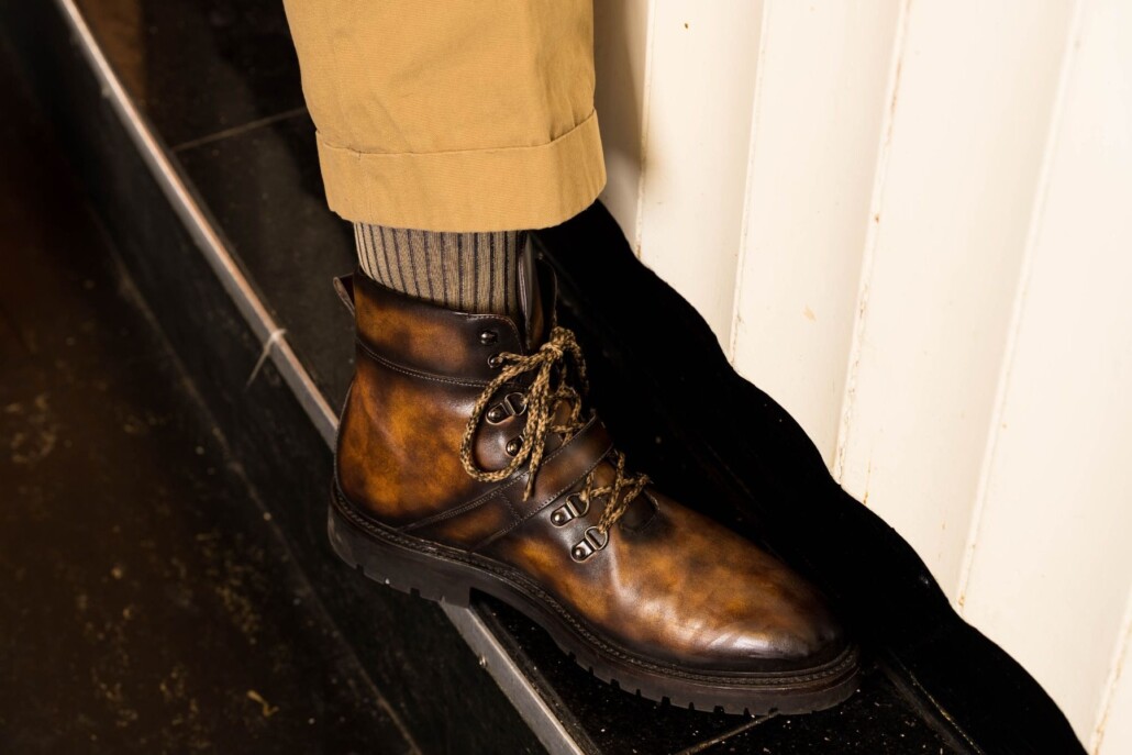 Photo of Fort Belvedere Khaki and Navy Sock Worn with Boot