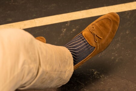 Fort Belvedere Shadow Stripe Navy and Khaki Socks worn with a pair of brown suede shoes