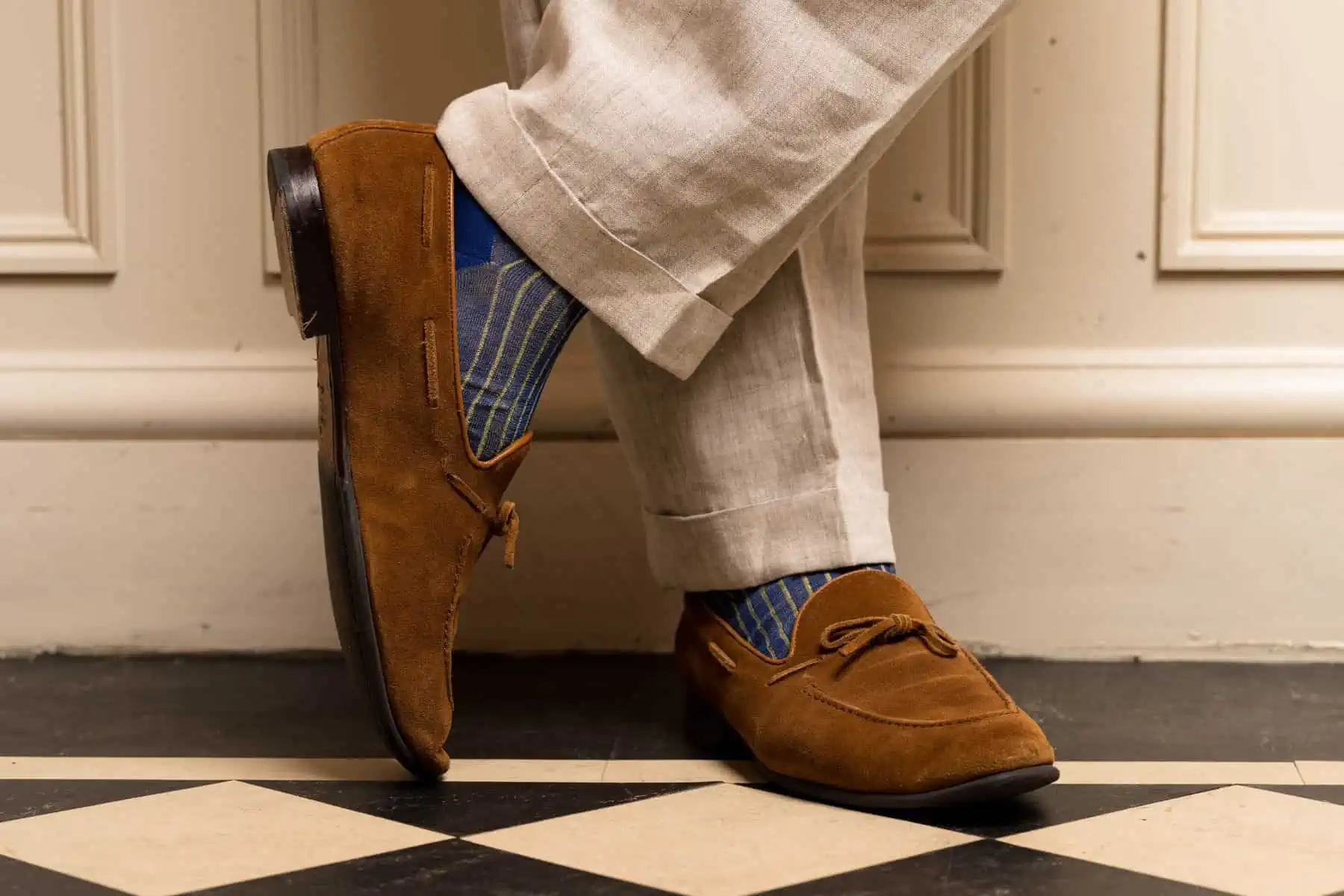 Shadow Stripe Ribbed Bright Blue and Yellow Socks from Fort Belvedere worn with brown suede shoes