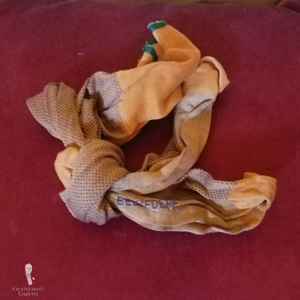 A photograph of a pair of tied socks