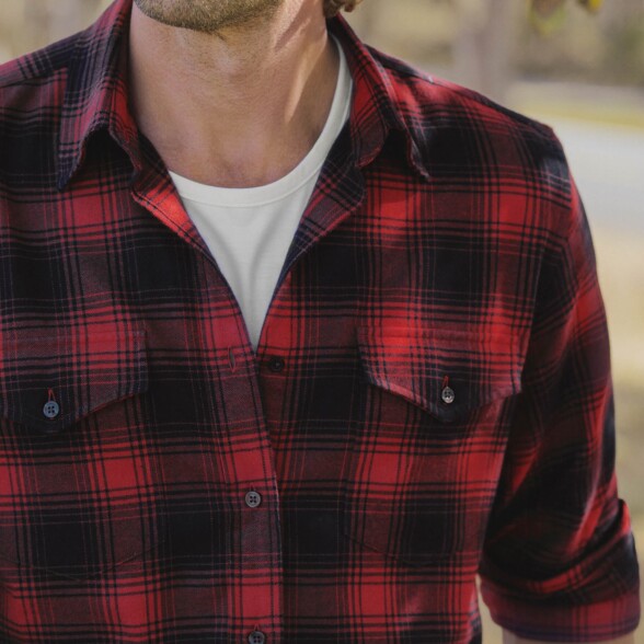 Wearing a classic white t shirt under a checked flannel shirt will inspire a traditional woodsman feel