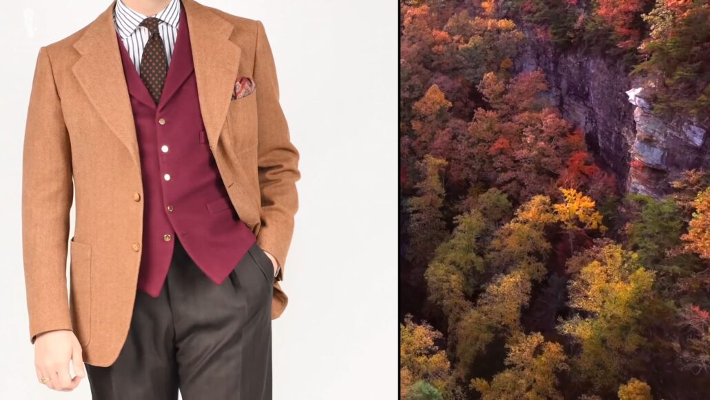 Raphael wears a fall outfit mirroring the colors of the environment