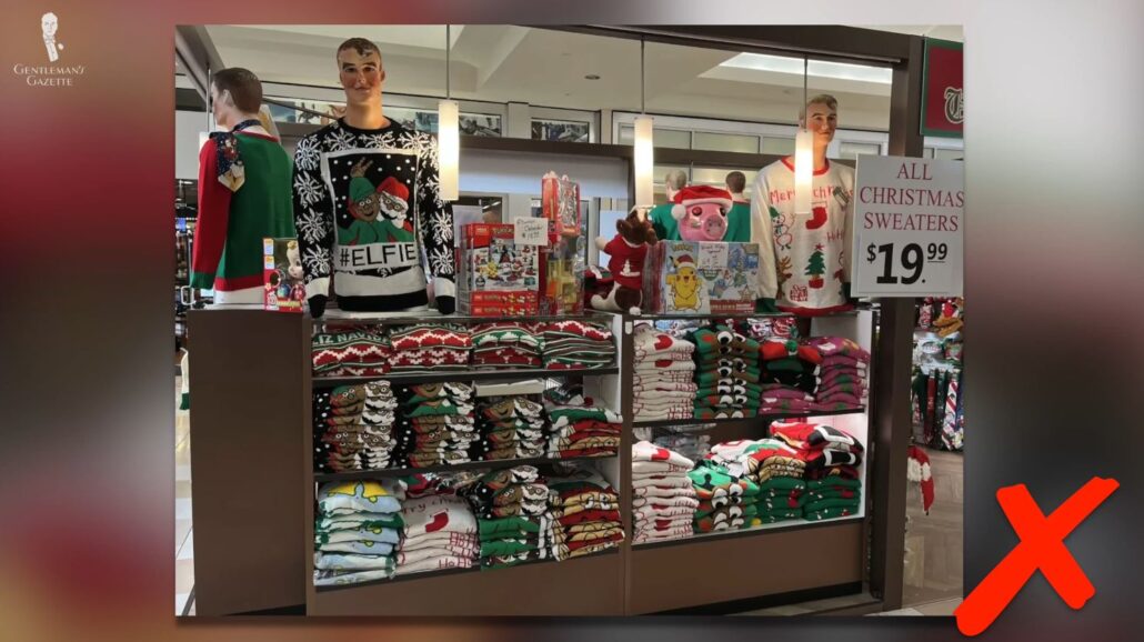 Fast fashion Christmas sweaters on display in a shopping mall [Image Credit: Toms River]