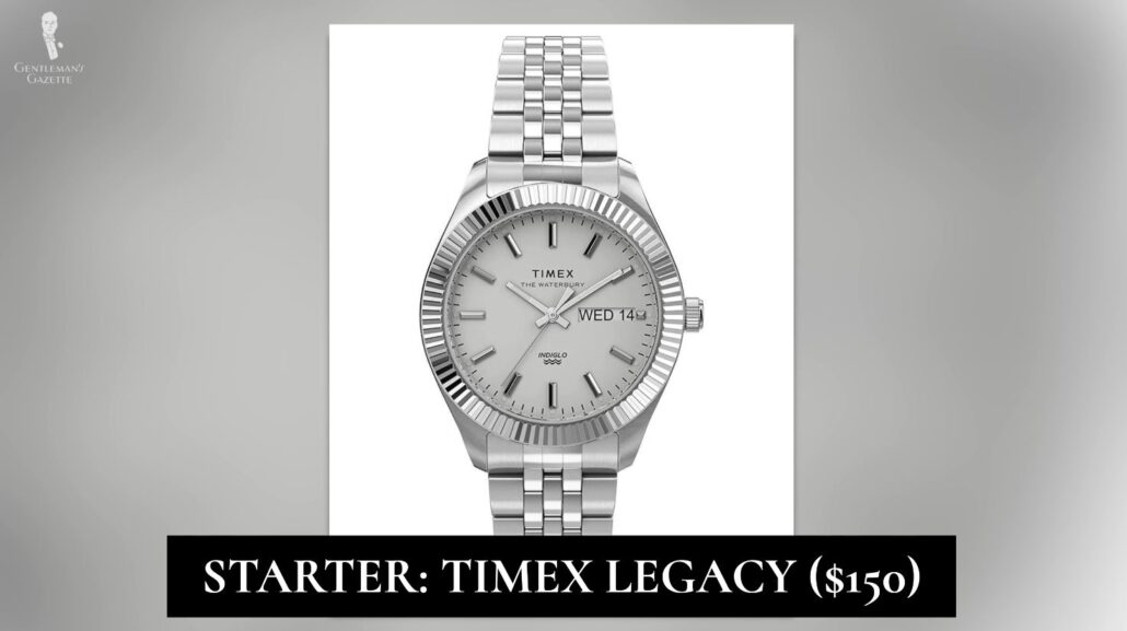 Timex Legacy Boyfriend 36mm stainless steel bracelet watch [Image Credit: Timex]