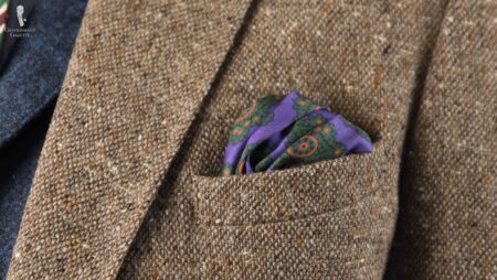Madder Silk Pocket Square in Purple with Green Diamond Motif and Red Paisley from Fort Belvedere