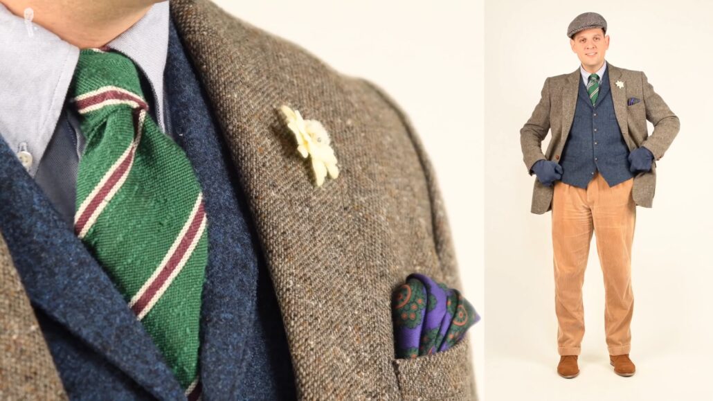 A sophisticated fall-winter ensemble featuring a purple pocket square