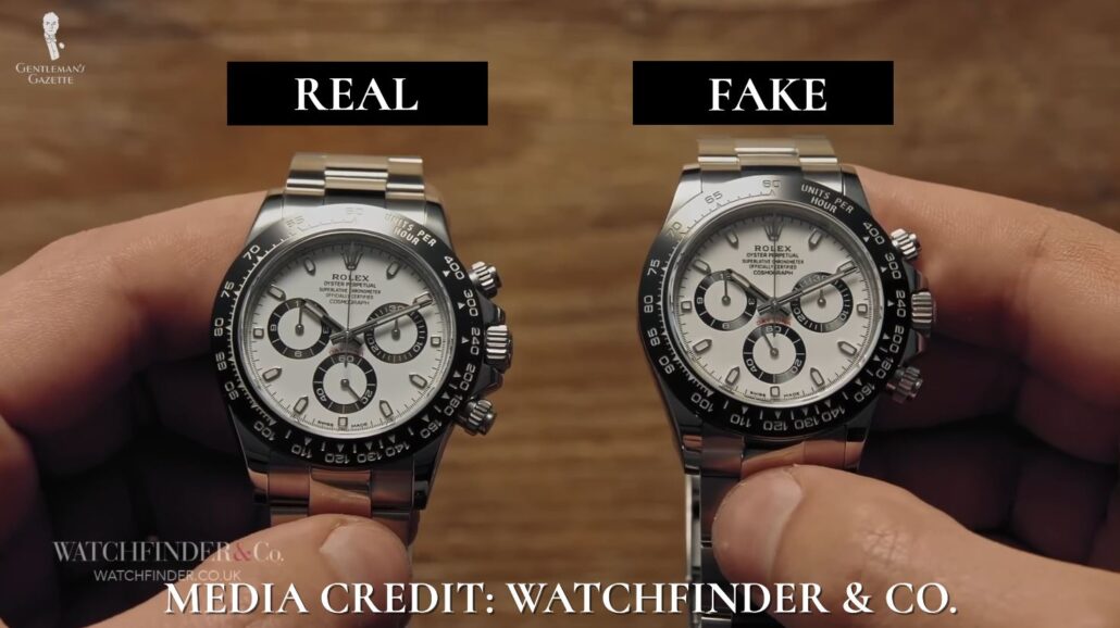 A real (left) vs. fake (right) Rolex [Image Credit: Watchfinder & Co.]