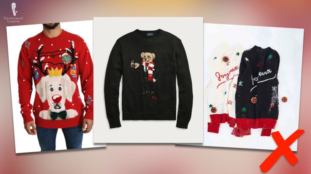 L-R: Dolce & Gabbana Christmas sweater; Ralph Lauren Teddy Bear sweater; Gobi cashmere Christmas sweaters [Image Credits: SEYMAYKA; Ralph Lauren; Gobi]