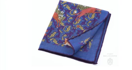 Mid Blue Silk-Wool Pocket Square with Hunting Motifs from Fort Belvedere