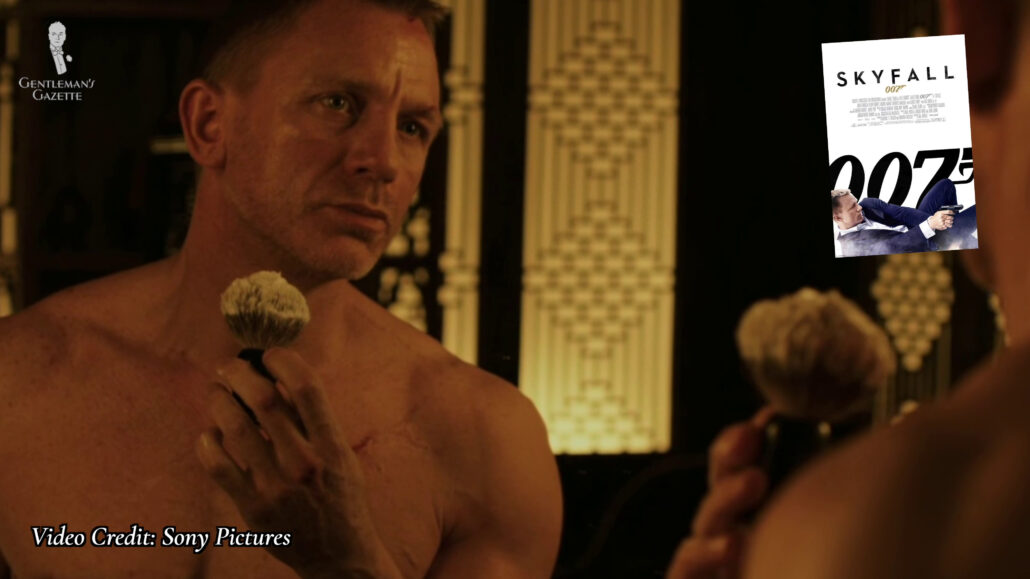 2012 "Skyfall" - Bond employs a lather worked up with a shaving brush.