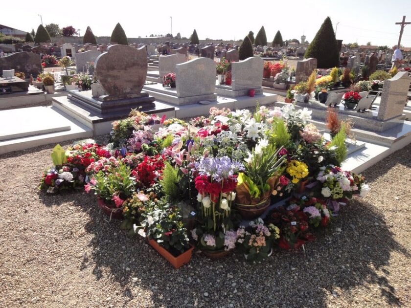 A photograph of flowers decorating a grave