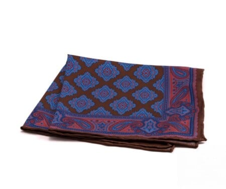 Madder Silk Pocket Square in Brown with Blue Diamond Motif and Red Paisley- Fort Belvedere