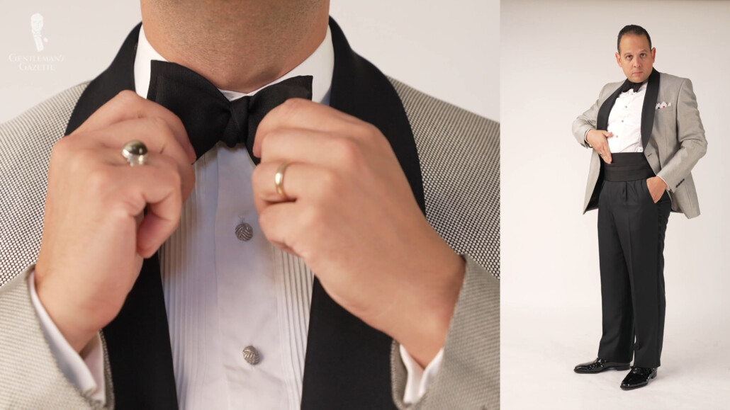 Raphael's black-tie outfit featuring a silver-and-black Gagliardi dinner jacket