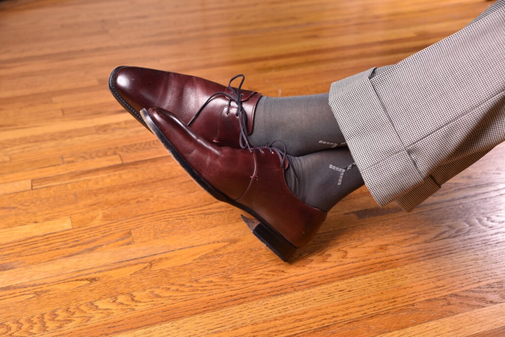 Shoes in brown and burgundy tones work beautifully with houndstooth patterns