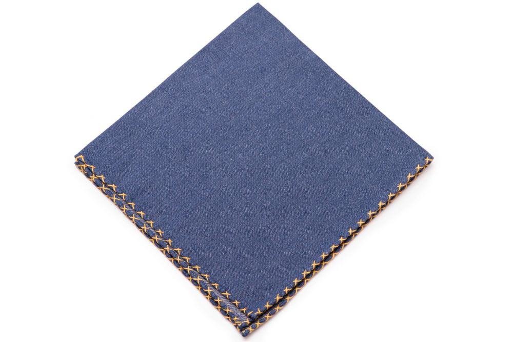 Soft-washed Dark Denim Jeans Blue Pocket Square with sunflower yellow handrolled X-stitch edges - Fort Belvedere