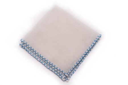 White Handcrafted Linen Pocket Square with Light Blue Handrolled X Stitch - Fort Belvedere