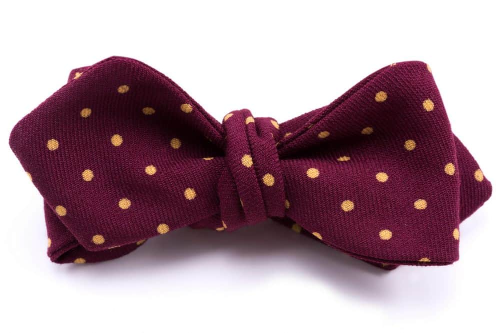 Wool Challis Bow Tie in Burgundy Red with Yellow Polka Dots and Pointed Ends - Fort Belvedere