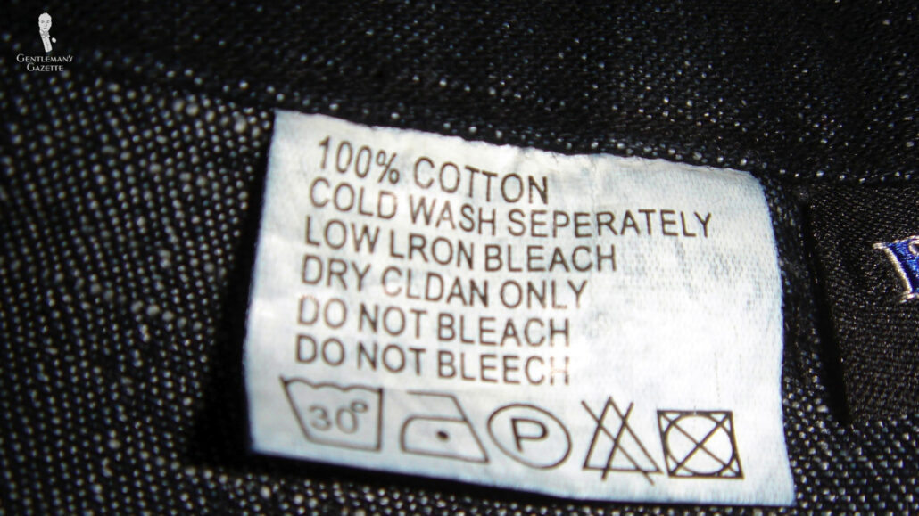 Clothing tag with care instructions.