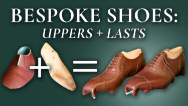 A collage showing unshaped bespoke shoe uppers, wooden lasts, and the uppers and lasts put together.