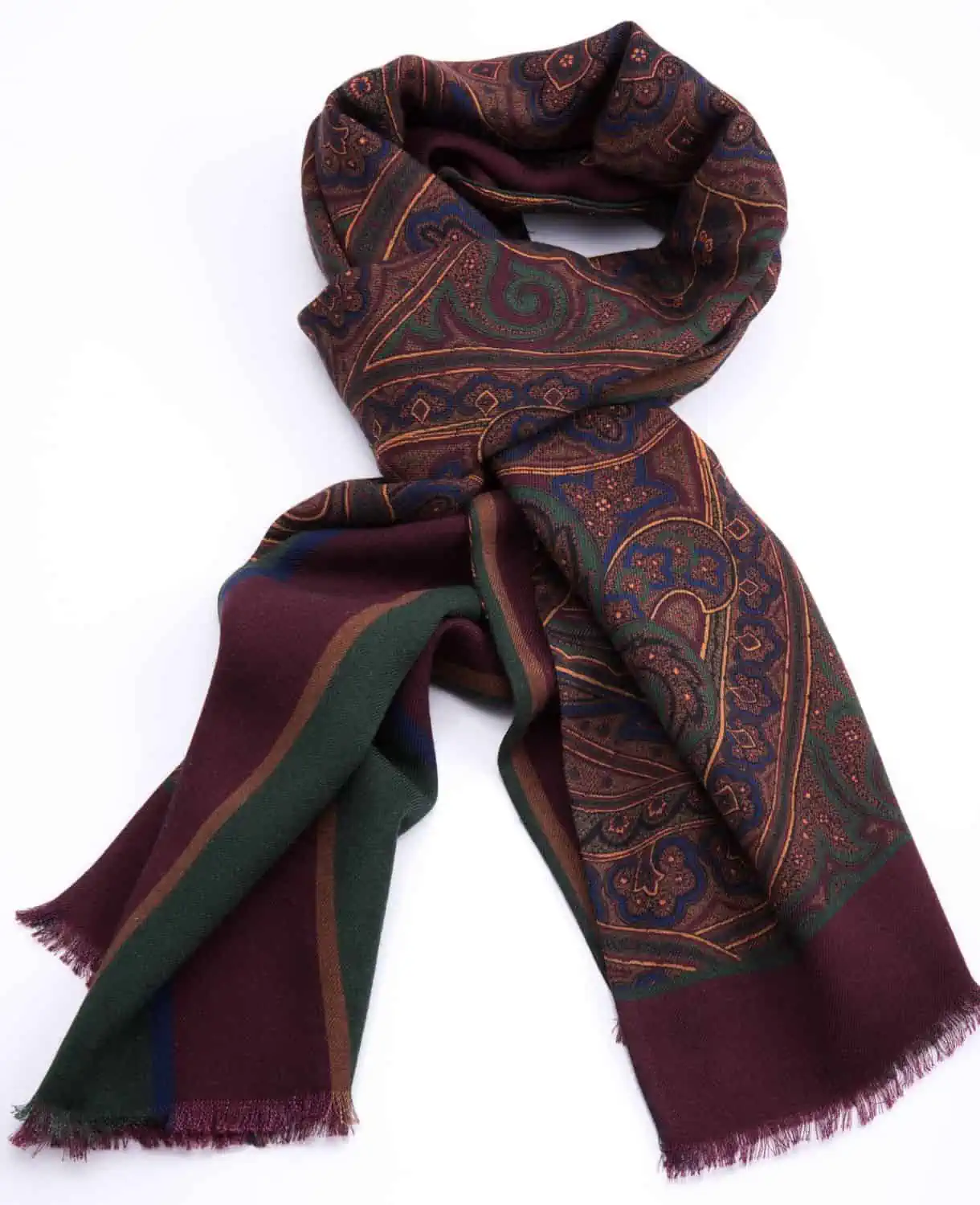 Reversible Scarf in Burgundy Red, Green and Yellow Silk Wool Paisley and Stripes