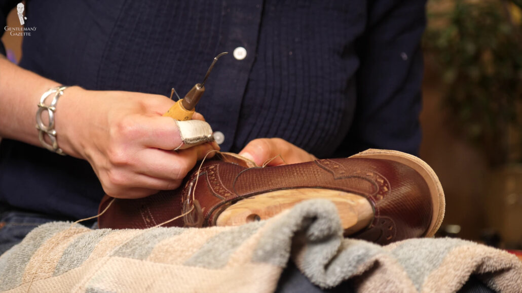 Amara stitches the soles using a synthetic waxed thread which is more durable.