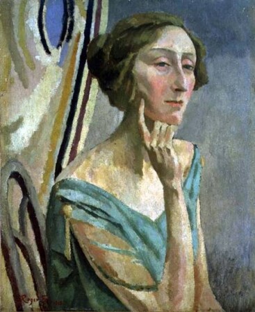 A painting of a thin woman with brown hair