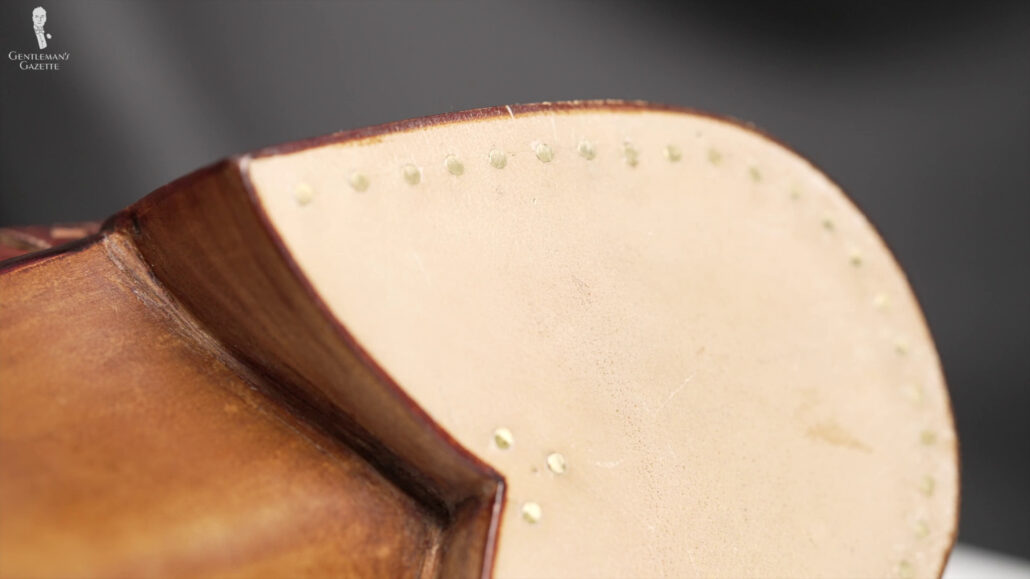 The heel of Raphael's bespoke shoes showing the nail details.