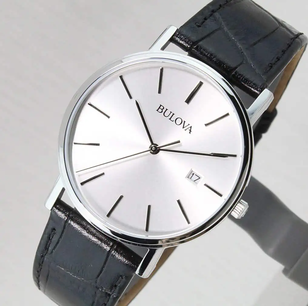 This Bulova Stainless Steel watch has many hallmarks of a classic dress watch