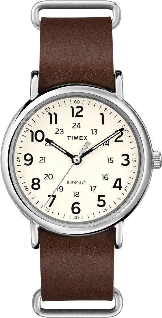 Wearing a Timex Weekender with a leather strap elevates the look