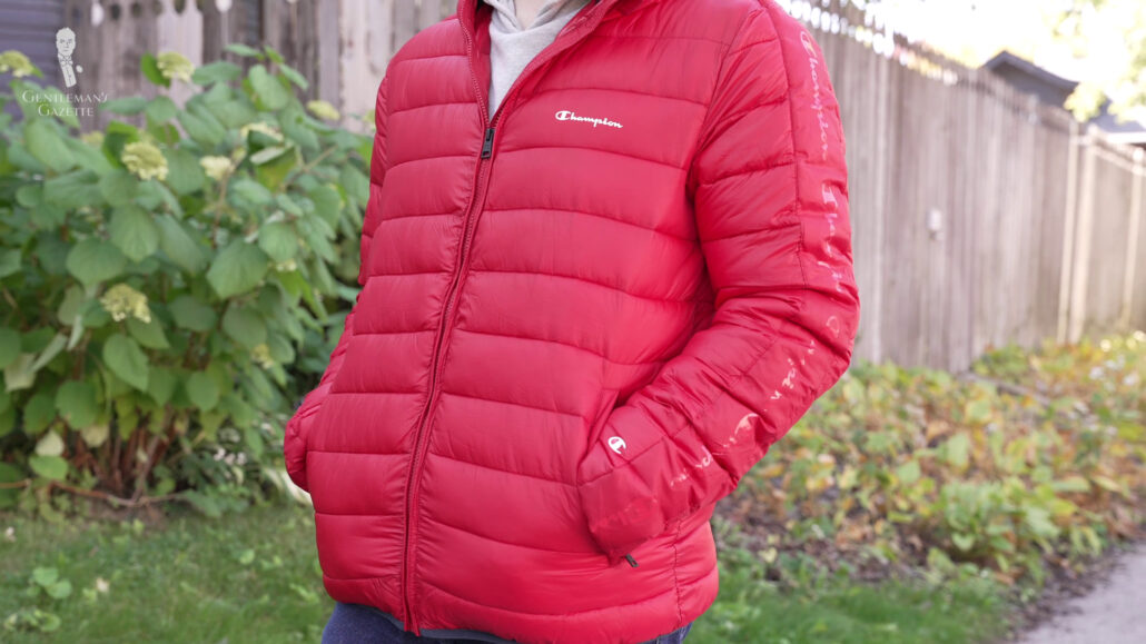 A comfy and lightweight down jacket in a dark pink shade.