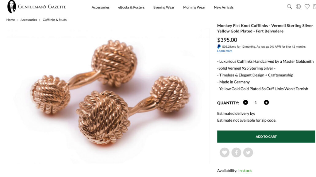Shift to thinking by looking at quality accessories instead. [Monkey Fist Knot Cufflinks - Vermeil Sterling Silver Yellow Gold Plated - Fort Belvedere]