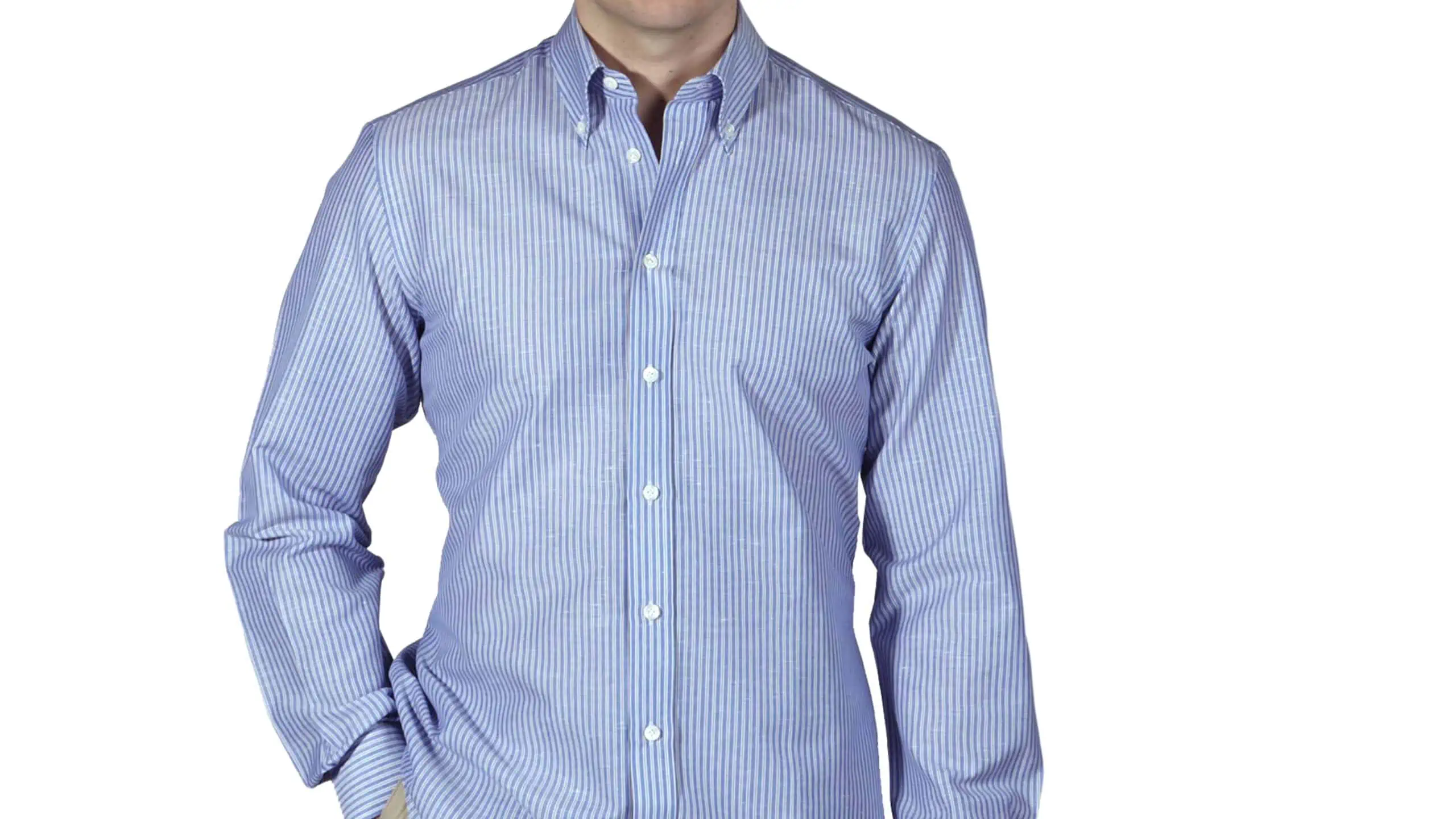 A classic blue striped buttoned-down shirt that has a nice interlining in the shoulders.