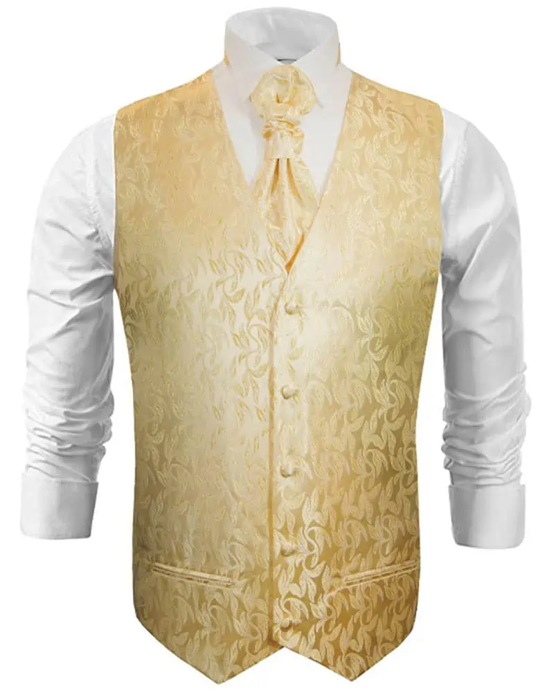 An example of a particularly garish gold wedding waistcoat and matching neckwear