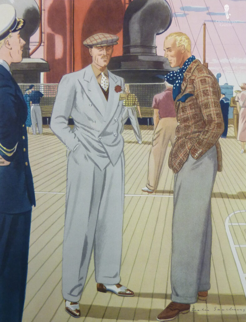 An illustration of three men chatting on board a steam ship in 1930s garb