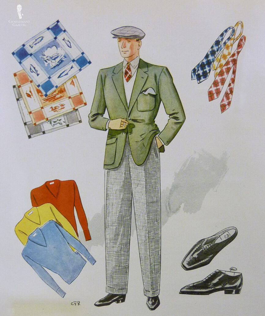A fashion illustration of a man in an olive green 1930s sport coat