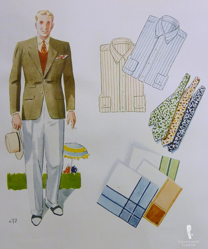 An illustration of a man in a 1930s olive sport coat
