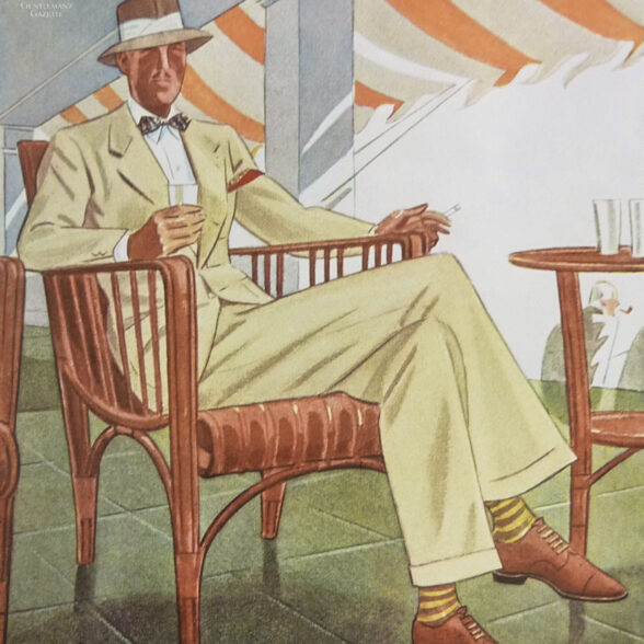 An illustration of a man in a creme suit relaxing under an awning