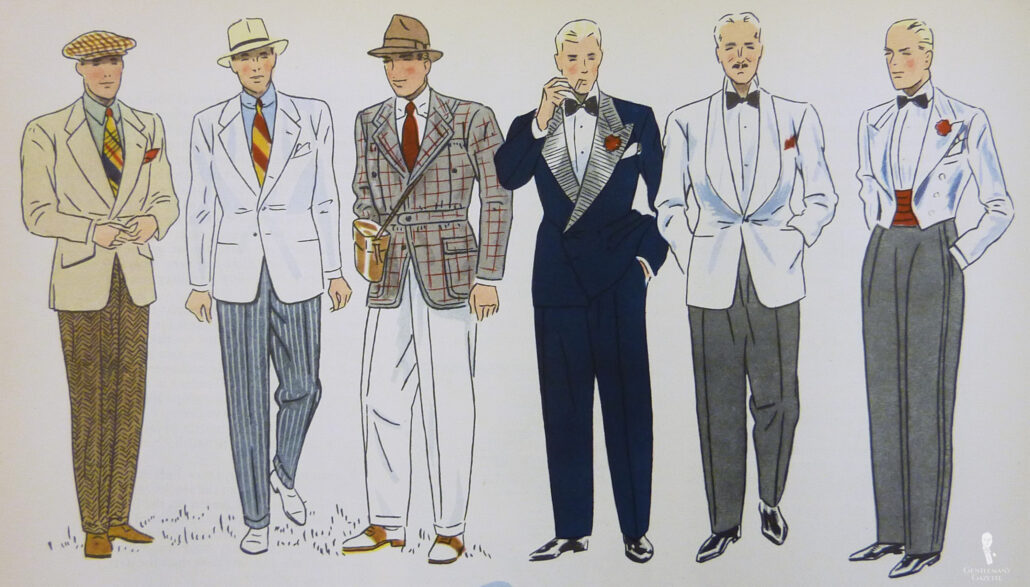 A 1930s fashion illustration of various warm-weather menswear formalities
