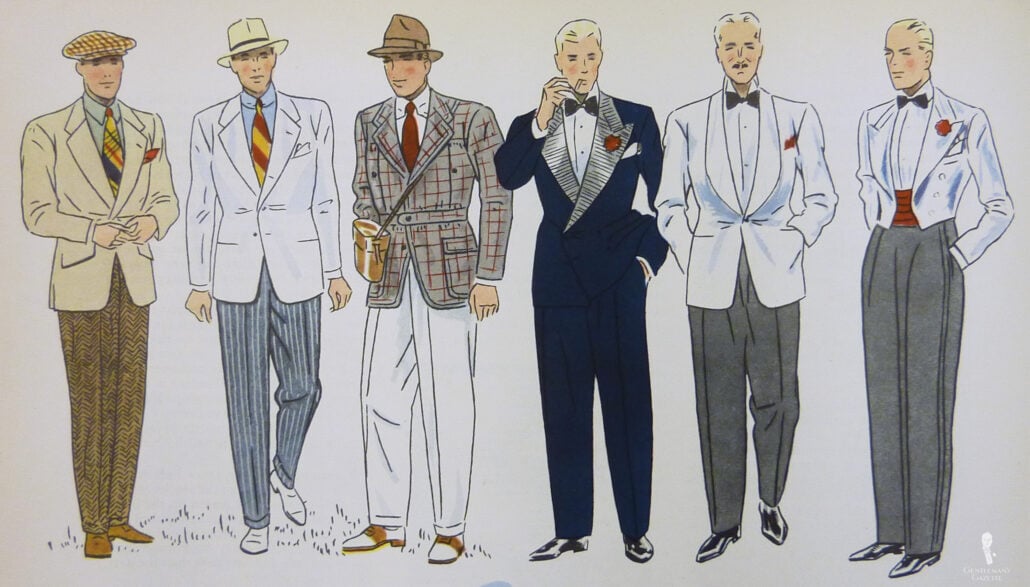 Apparel Arts Summer Ensembles At Various Formalty Levels A 1930s fashion illustration of various warm-weather menswear formalities
