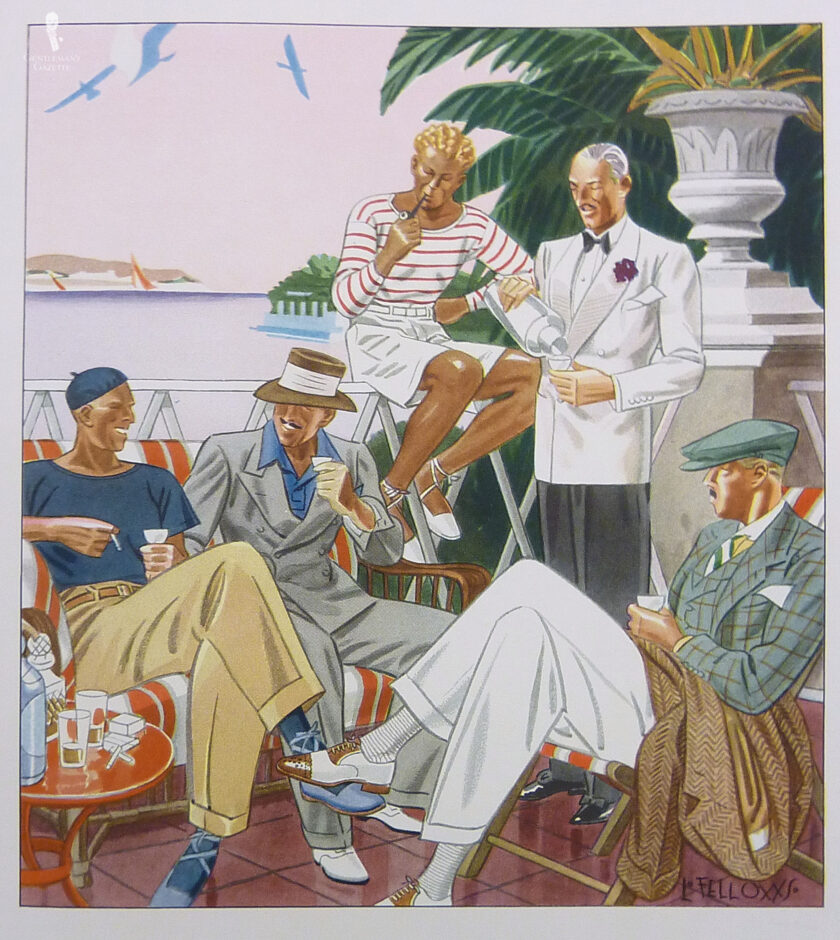 Illustration of a scene of men wearing various summer ensembles