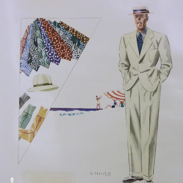 A fashion illustration of a man in a white 1930s suit