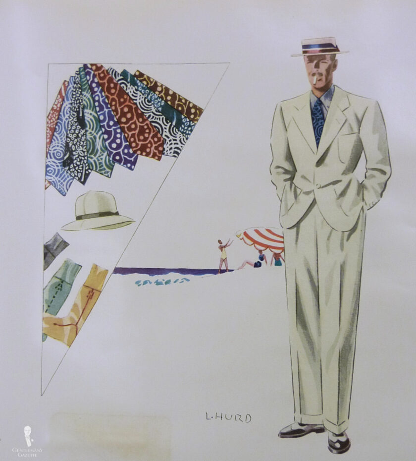 A fashion illustration of a man in a white 1930s suit