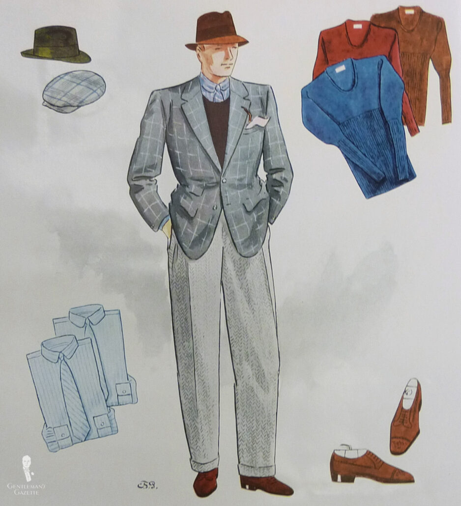 A fashion illustration of a man in a gray 1930s sport coat